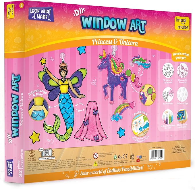 Imagimake Window Art Princess & Unicorn | Mermaid Suncatcher Kit | 32 Pieces Glass Painting Set | Kids Activities Ages 5-8 | DIY Craft Kit | Birthday Gift for Girls Ages 5,6,7,8,9,10,12 Years Old