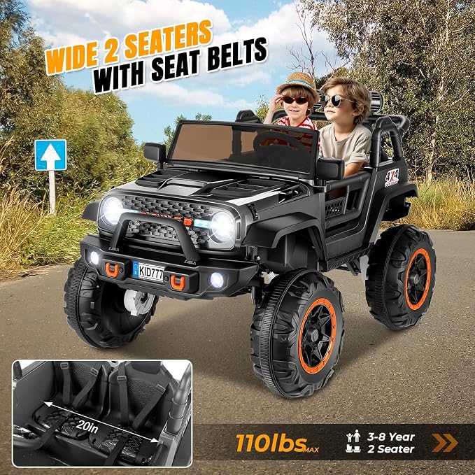 Hikole 24V Electric Ride on Truck, 2 Seater Battery Powered Truck with 20" Wide Seat, 4x100W Powerful Wheels, Music, Remote Control, LED Lights, Ride on Car for Big Kids Boys 4-8, Black