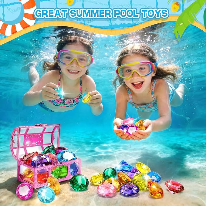 Diving Gems Pool Toys with Purple Treasure Chest Toy for Girls Age 3-10 | Large shatterproof acrylic diving gems. Fade-resistant, specially weighted to sink, building kids' water confidence