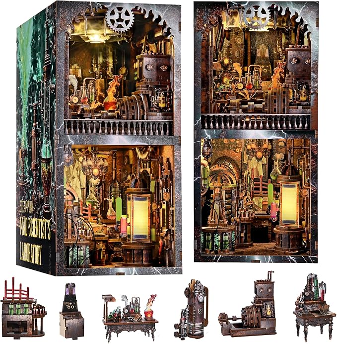 fifijoy Book Nook Kit - DIY Miniature House Dollhouse Kit for Adults and Teens, Steampunk Booknook Tiny House Bookshelf Decor 3D Wooden Puzzle (Mad Scientist Lab)