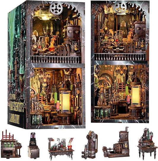 fifijoy Book Nook Kit - DIY Miniature House Dollhouse Kit for Adults and Teens, Steampunk Booknook Tiny House Bookshelf Decor 3D Wooden Puzzle (Mad Scientist Lab)