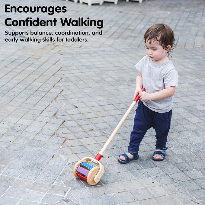 PlanToys® Wooden Walk N Roll Push Toy | Montessori Walking Toy for Gross Motor Skills, Balance & Coordination with Gentle Rolling Sounds | Eco Friendly Activity Toy