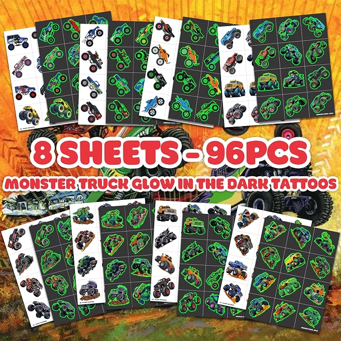 96 PCS Monster Truck Race Car Pre-Cut Luminous Glow in the dark Temporary Tattoos for Kids | Super Cute Themed Birthday Party Favors Supplies Decorations, Fake Tattoos Rewards & Gifts for Boys Girls