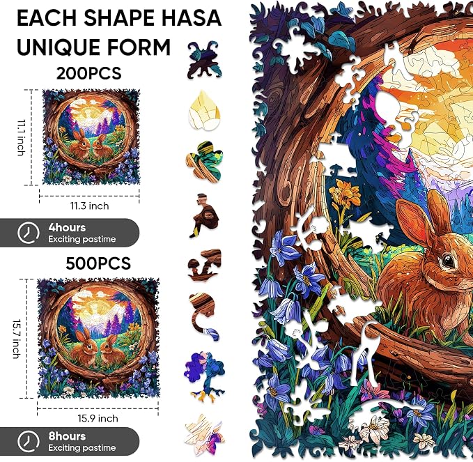 Ixfyloop Wooden Puzzles for Adults, Wooden Jigsaw Puzzles for Adults, Bunny Puzzle Wood Puzzles for Adults Wooden, Rabbit Puzzle Interlocking Family Game Birthday Gift 500 Pieces 15.9x15.7 Inch