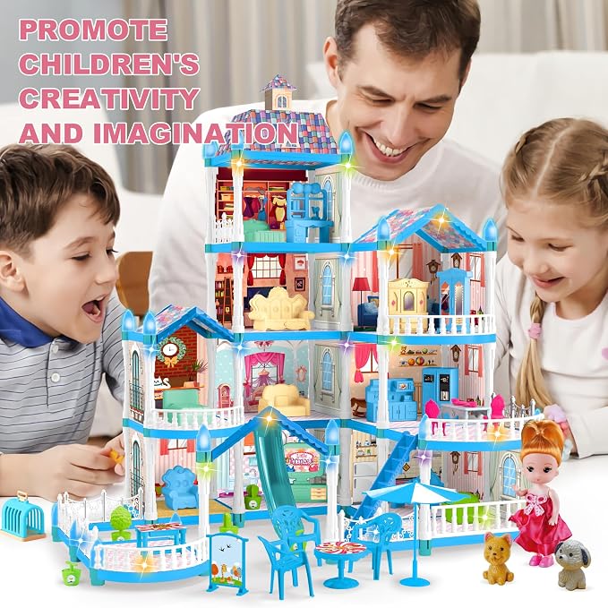Seifar Doll House for Girls,10 Rooms Blue House Toy with Doll Figures, Puppies, Lights, Furnitures, Accessories, Kids Playhouse Gift for for 3 4 5 6 7 8 9 10 Year Old