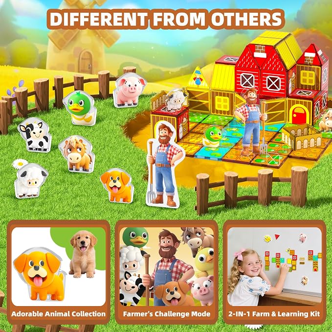 GobiDex Magnetic Tiles with Farm Animals Building Blocks, STEM Sensory Toys for Indoor, Outdoor, and Travel Play, Educational Magnet Toy Gift for Preschool Kids Ages 3-5, 4-8