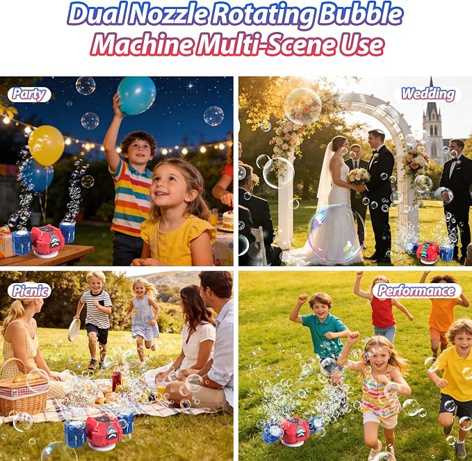 New RC Bubble Machine with RGB Lights, 360° Auto Rotation Bubbles Toy, Rechargeable Battery, Bubble Blower Maker for Kids, Parties, Birthday Gift, Weddings, Indoor Outdoor Activity, Red-Blue