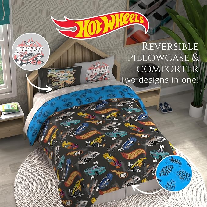 Hot Wheels Kids Bedding Super Soft Comforter and Sheet Set with Sham, 7 Piece Queen Size, (Officially Licensed Product) By Franco