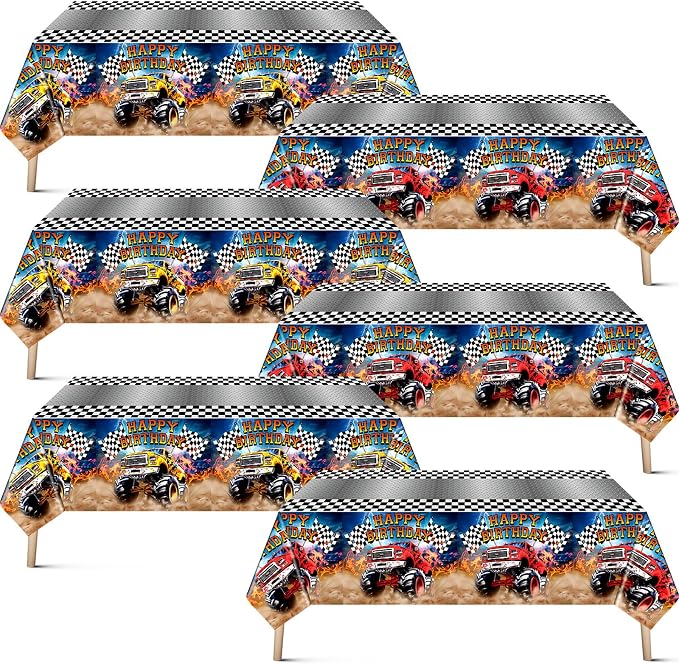 Mifoci 6 Pcs Monster Truck Birthday Party Tablecloths Monster Machine Table Covers Large Plastic Disposable 108 x 54 Inches for Truck Theme Kid's Boys Birthday Shower Party Supplies (Classic)