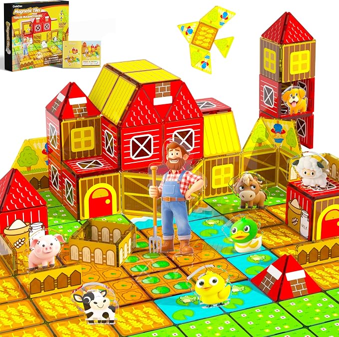 GobiDex Magnetic Tiles with Farm Animals Building Blocks, STEM Sensory Toys for Indoor, Outdoor, and Travel Play, Educational Magnet Toy Gift for Preschool Kids Ages 3-5, 4-8
