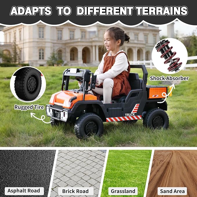 TOBBI 12V Electric Kids Car, Toddlers Ride On Dump Truck Toy with Parent Remote Control, Battery-Powered 4 Wheels Off-Road Vehicle to Drive with Auto Trailer/Horn/LED for Chirdren 3-8 Years-Orange