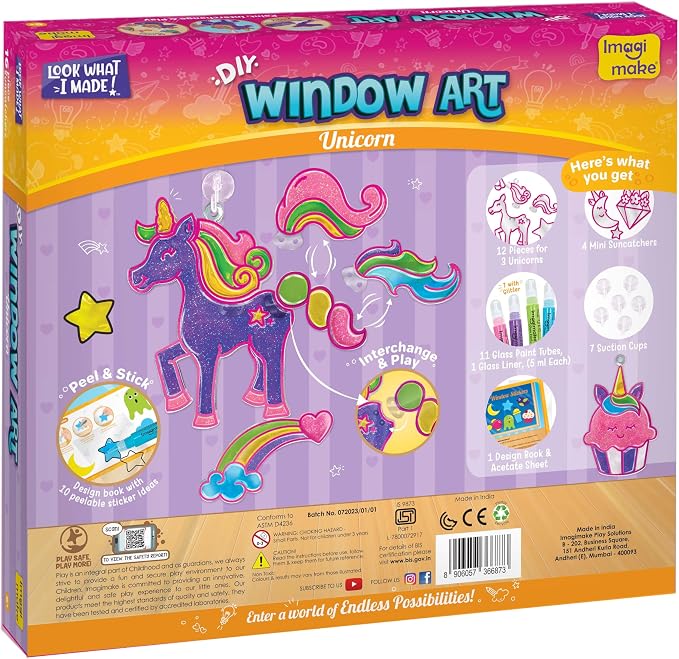 Imagimake Window Art Unicorn | Low Mess Suncatcher Kit | 16 Pieces Glass Painting Set | Kids Activities Ages 5-8 | DIY Craft Kit | Birthday Gift for Girls Ages 5,6,7,8,9,10,12 Years Old