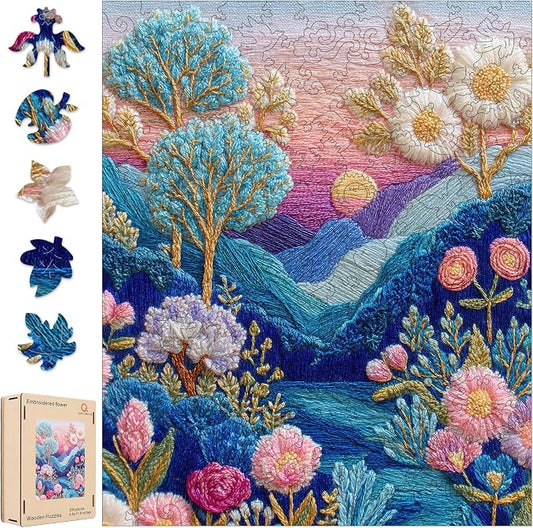 Wooden Jigsaw Puzzles for Adults, 500 Pieces Embroidered Flower Landscape Art Puzzle, Unique Shaped Pieces, Challenging Nature Scenery Puzzles, 15.2" x 18.1"