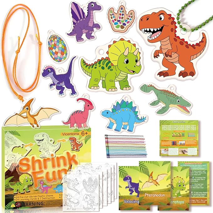 Vicentorra Dinosaur Shrinky Dink Kit for Kids Age 4-8 6-8 - 24 Precut Shrink Sheets + 24 Dino Learning Cards - Arts and Crafts for Boys Girls - Birthday Gift for 5 6 7 8 Year Old - STEM Toys