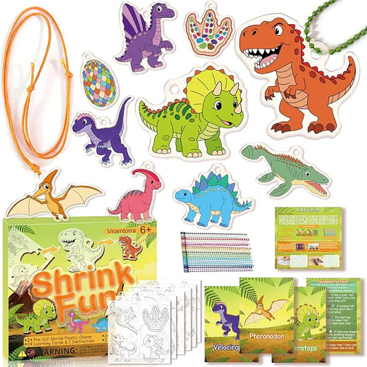 Vicentorra Dinosaur Shrinky Dink Kit for Kids Age 4-8 6-8 - 24 Precut Shrink Sheets + 24 Dino Learning Cards - Arts and Crafts for Boys Girls - Birthday Gift for 5 6 7 8 Year Old - STEM Toys