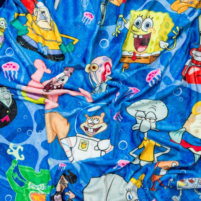 Silver Buffalo Spongebob Squarepants, Patrick, Squidward, Mr. Krabs, Sandy, Pearl, Mermaid Man, Barnacle Boy, Flying Dutchman, Bikini Bottom Characters 45" x 60" Fleece Throw, Soft Blanket, 185 GSM