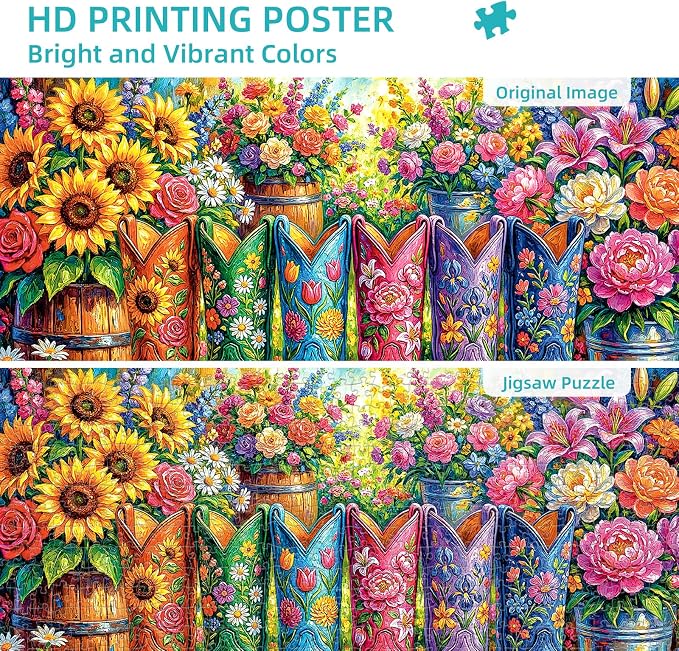 1000 Piece Puzzle for Adults, Colorful Flower Boots Jigsaw Puzzles, Plant Floral Boot Garden Jigsaw Puzzle, Fun Challenging Puzzle with Letters on Back, Cowgirl Blooming Boots Puzzles for Game Night