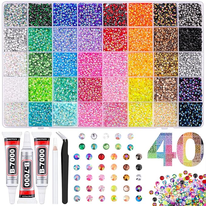 50000Pcs 40 Colors Jelly Rhinestones for Bedazzling, 3mm Multicolor Resin Flatback Gems for Diamond Art, Bedazzler Kit with 3Pcs 10ml B7000 Jewelry Glue for Bedazzle Thing Crafting Book Nail Art