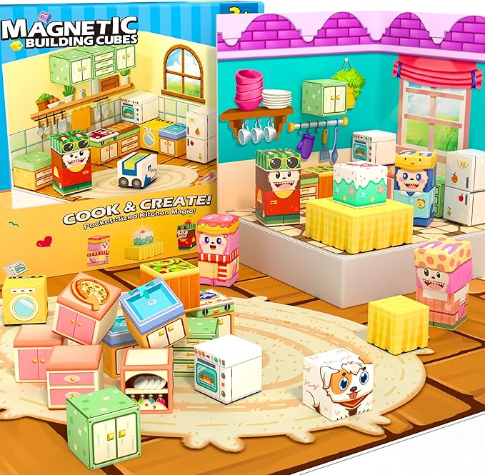 Gooidea Magnetic Blocks - 2-in-1 Magnetic Building Blocks, Creative Building Craft, Sensory Clicking & Rustling, Travel Toys, Kids Toys Games, Pocket-Sized Kitchen Magic Display