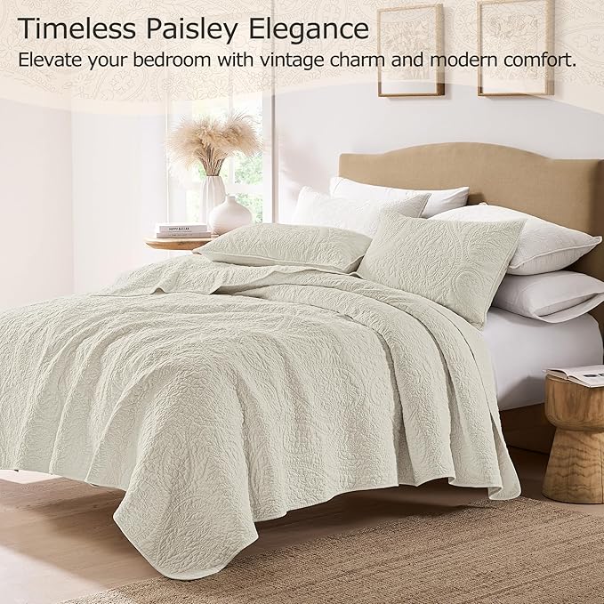 palassio Beige Paisley 100% Cotton Quilt Queen Size Bedding Sets with 2 Pillow Shams, Boho Floral Lightweight Farmhouse Country Vintage Soft Bedspread Shabby Chic Coverlet for All Season, 3 Pieces