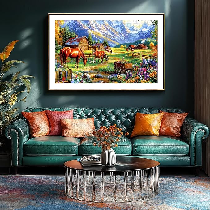 1000 Pieces Jigsaw Puzzles for Adults, Mountain Landscape Puzzles with Grazing Horses and Log Cabin for Adults and Teens Family Challenging for Game Nights (27.5 x 19.7 Inch)