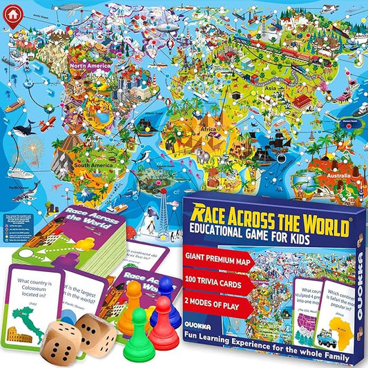 QUOKKA Board Game for Kids 8-12 - Learning, Educational Card Games for Ages 6-8 - Indoor, Outdoor Activity for Teens, Adults, Family - Geography, World 100 Question Cards with Top Facts