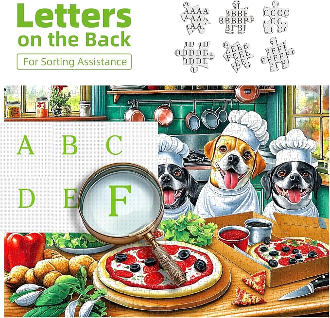 Puzzles for Adults 500 Pieces, Funny Puppy Animal Jigsaw Puzzles Pizza Theme Food Kitchen with Letters on Back for Family Decoration, Gifts, Party Game, Finished Size 23" x 15"