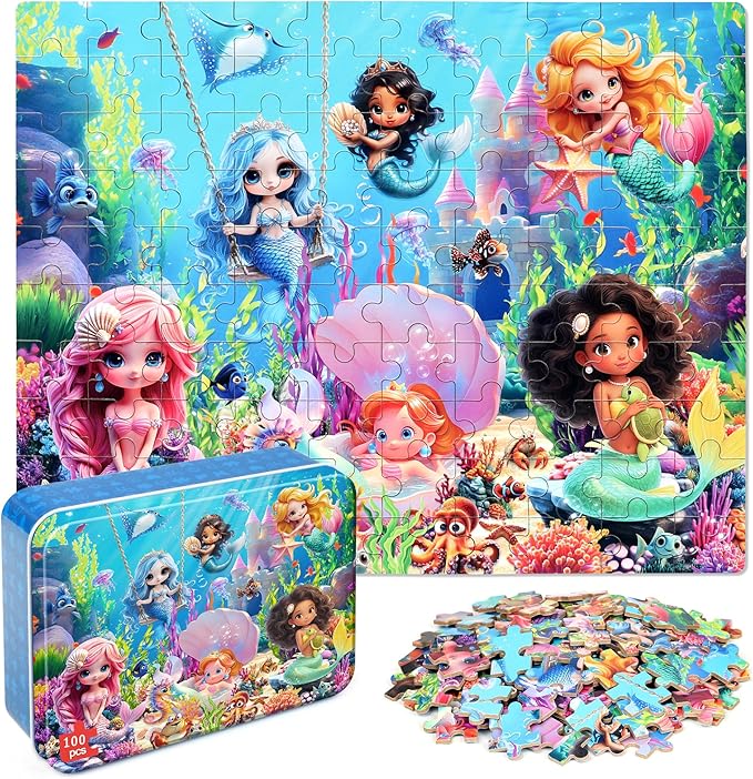 MZZOTOY Mermaid Princess Puzzles for Kids Ages 4-8, 100 Pieces Jigsaw Puzzles for Kids Ages 3-5 Puzzle for Girls and Boys Learning Educational Puzzles Toys in a Metal Box