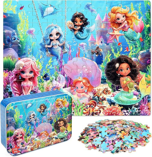 MZZOTOY Mermaid Princess Puzzles for Kids Ages 4-8, 100 Pieces Jigsaw Puzzles for Kids Ages 3-5 Puzzle for Girls and Boys Learning Educational Puzzles Toys in a Metal Box