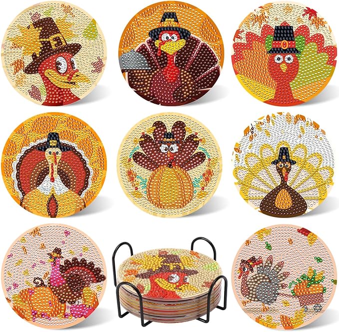 UPINS 8Pcs Fall Diamond Art Coasters with Holder Thanksgiving Diamond Turkey Art Coasters Kits for Adults Kids Beginners Diamond Craft Supplies