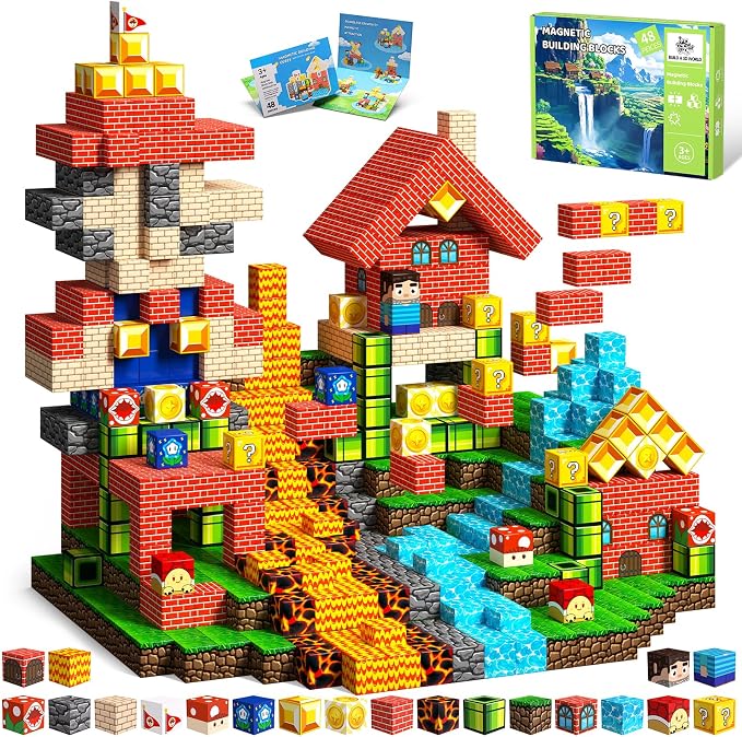 Magnetic Blocks, 48PCS Magnetic Building Blocks, Stacking Magnets for Kids, Sensory Toy for STEM Constructions Magnet Blocks for Boys Girls Age 3+, Christmas Birthday Gifts (Lava Forest)