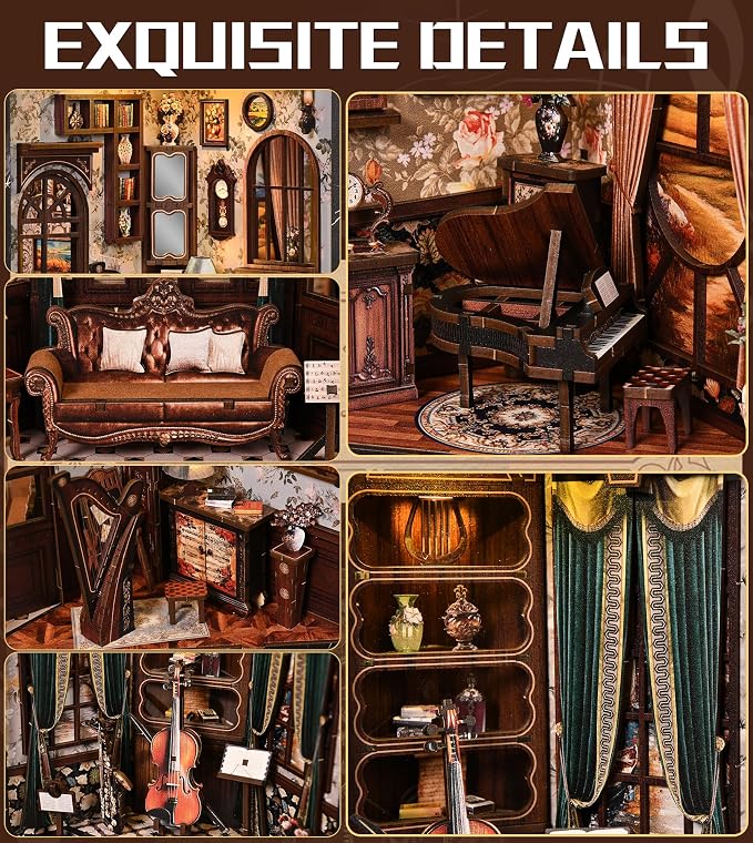 Roroom Book Nook Kits for Adults, DIY Book Nook Kit with LED Light, 3D Wooden Puzzle Miniature House Kit for Bookshelf Decor-Creative Crafts for Family and Friends(European Melody)