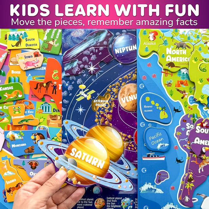 QUOKKA Magnetic Puzzles for Kids Ages 3-5 — 3 Educational Magnet Puzzles for Kids Ages 4-6 — Space, USA and World Map Learning Toys for Toddlers 2-4 — Learning United States Game for Children 6-8