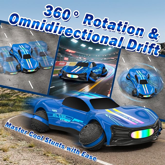 Remote Control Car for Kids, RC Stunt Car with Drift Wheels, 360° Spins & Flips, 2.4GHz Rechargeable Toy Car with LED Lights, Indoor Outdoor Gift for Boys Girls Ages 6-12