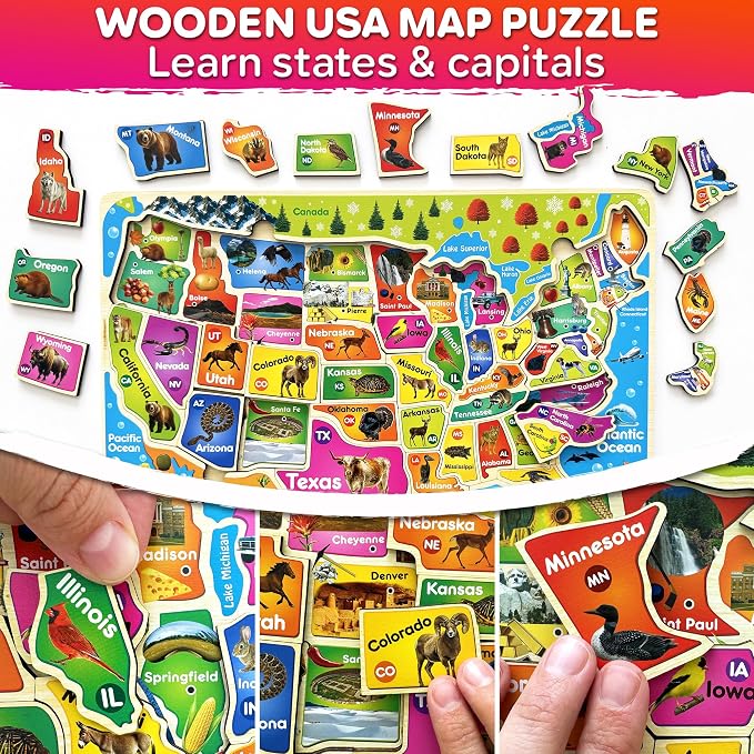 QUOKKA United States Puzzles for Kids Ages 4-6 - Realistic USA Map Wooden Puzzles for Kids Ages 3-5 - Montessori Wood Educational Toys for Toddlers 2-4 Years Old - Geography Learning Games for 6-8 yo