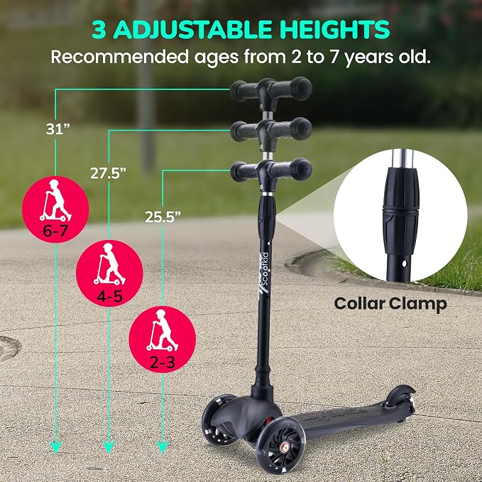 Hurtle Mini Kickboard 3 Wheel Scooter for Kids Ages 2-5 - Lean-to-Steer Toddler Scooter with Light-up LED Wheels, Adjustable Height & Rear Foot Brake for Boys. & Girls, Anti-Slip, Indoor/Outdoor