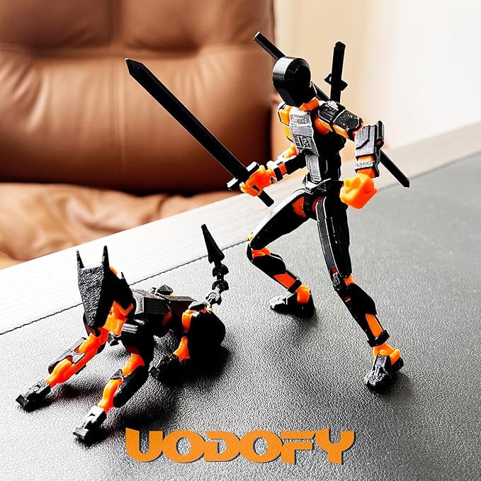 Uodofy (Assembly Completed) T13 3D Action Figure Set,Dummy Robo Titan 13 Action Figures,3D Printed Multi-Jointed Toy (Black + Orange)