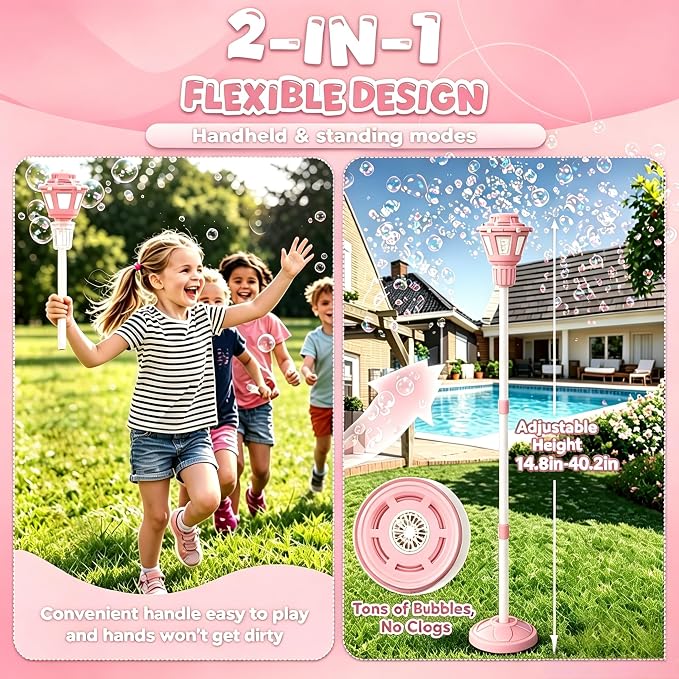 Bubble Machine for Kids Toddlers - Rechargeable Automatic Bubble Machine with Lights, Bubble Blower with Adjustable Stand up to 47 Inch for Backyard Games, Outdoor Play