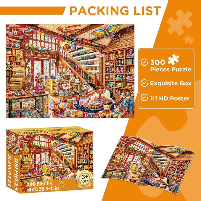 300 Pieces Jigsaw Puzzle for Adults, Childhood Toy Store Jigsaw Puzzle, Vintage Toy Shop Artwork, Colorful Family Puzzle, Brain Teaser Game, Premium Cardboard Puzzle, Home Decor