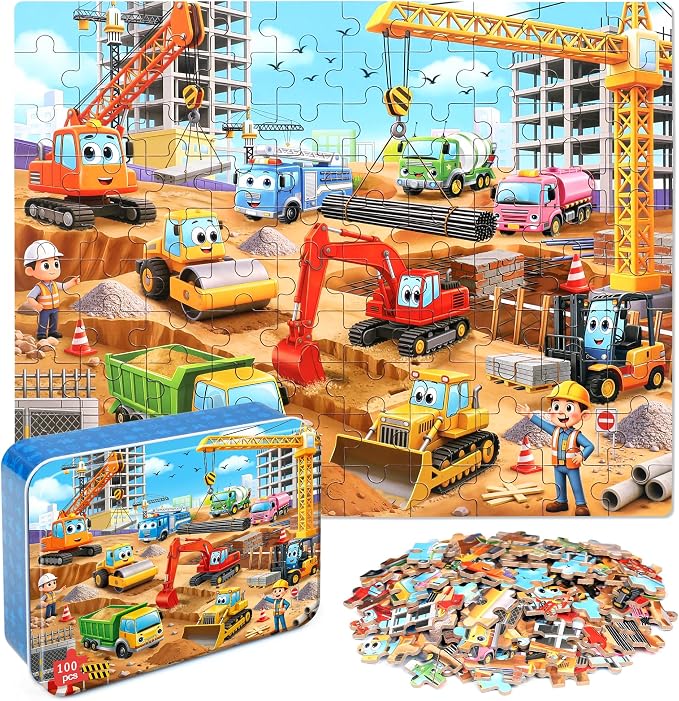 MZZOTOY Construction Site Puzzle for Kids Ages 4-8, 100 Pieces Jigsaw Puzzles for Kids Ages 3-5， Learning Educational Puzzles Toys Great Gift for Boys Girls in a Metal Box