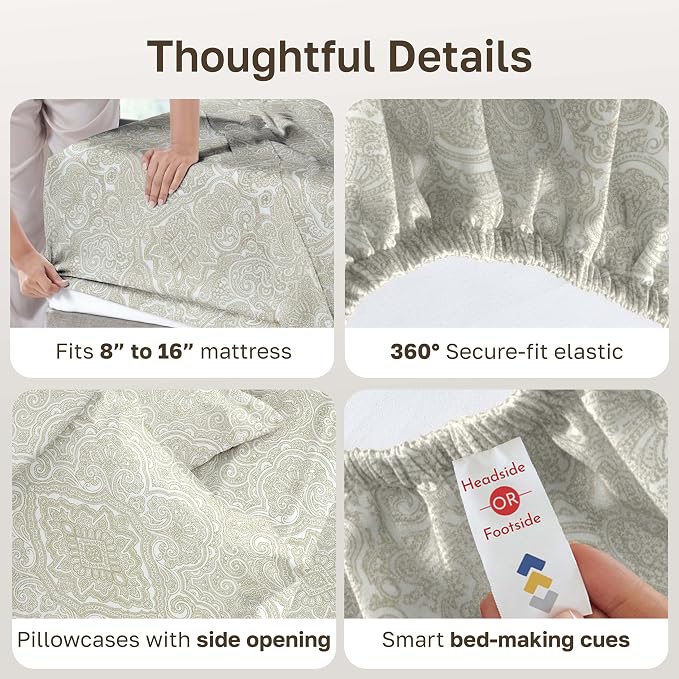 California Design Den Soft 100% Cotton Sheets King Size Set, 400 TC Good Housekeeping Award Winner, Smooth Sateen Finish with Deep Pockets, Cozy and Durable Cotton Bedding Set - Paisley Beige