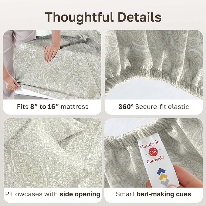 California Design Den Soft 100% Cotton Sheets Full Size Set, 400 TC Good Housekeeping Award Winner, Smooth Sateen Finish with Deep Pockets, Cozy and Durable Cotton Bedding Set - Paisley Beige