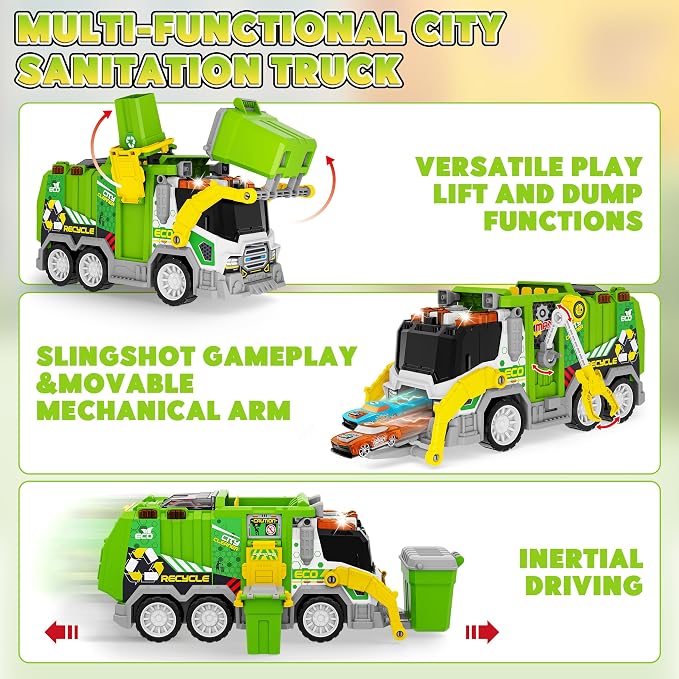 Large Friction Powered Garbage Truck Toy Set with Effect Sound, 2pcs Ejecting Race Cars, Includes Dumpster, Trash Bins, Birthday Gifts for Age 3 4 5 6 7 8 Year Old Boys Kids