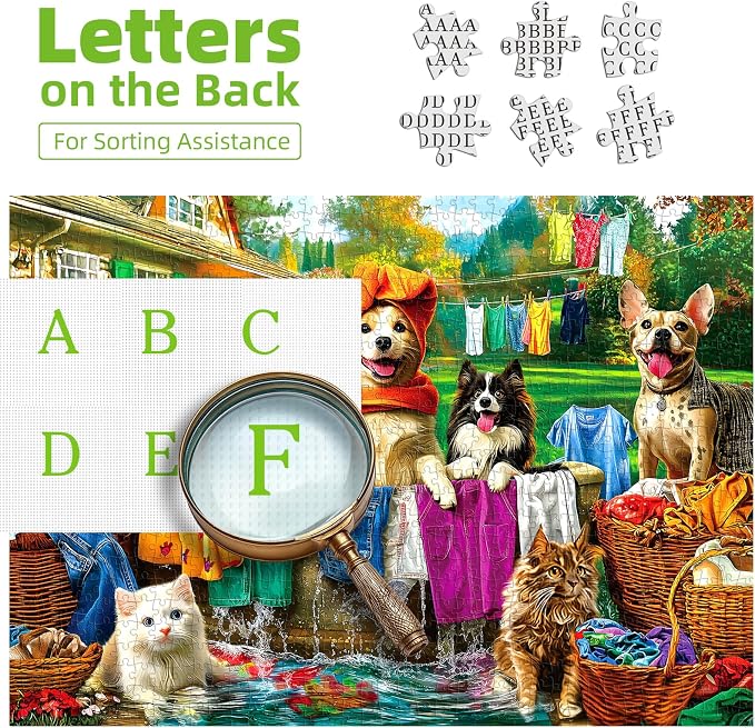 Laundry Day 1000 Piece Puzzle for Adults - Colorful Backyard Scene with Dogs & Cats Pet House Garden Jigsaw Puzzles, Unique & Fun Adult Games for Game Night Gift & Family Activities