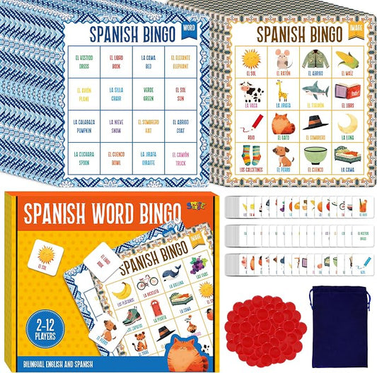 SpriteGru Spanish Bingo Game, 12 Vocabulary Bingo Board Game Bilingual Word Learning Educational Toys for Words Learning - Ages 5 and up (Up to 12 Players)