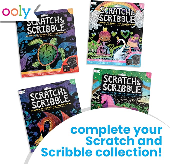 Ooly Scratch & Scribble Travel Crafts for Kids – 1pc Art Kit, Portable Car & Airplane Activity, 8 Scratch Cards + Wooden Stylus + Stickers, Ages 6+ – Unicorns