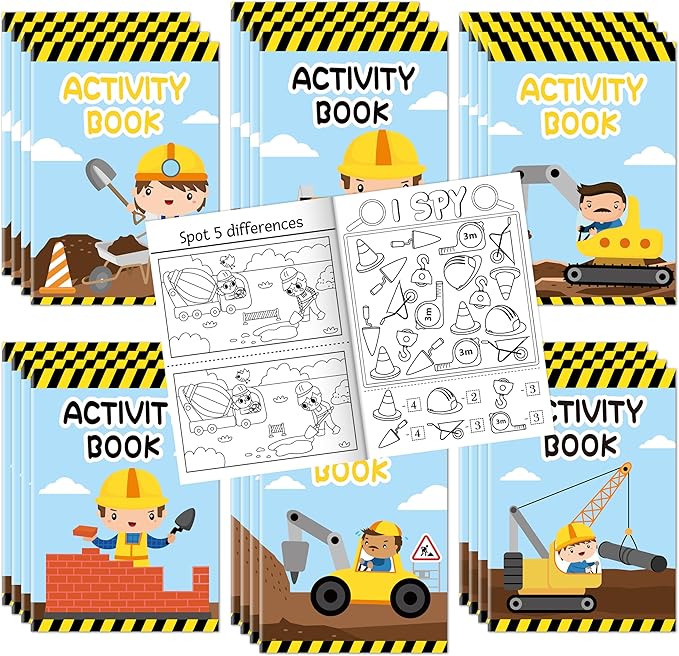 Dvbonike 24Pcs Construction Activity Books - Construction Vehicles Mini Fun Games Coloring Book Bulk with Excavator Forklift Truck Party Favors Goodie Bag Stuffers Classroom Rewards Supplies
