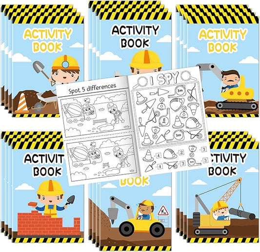 Dvbonike 24Pcs Construction Activity Books - Construction Vehicles Mini Fun Games Coloring Book Bulk with Excavator Forklift Truck Party Favors Goodie Bag Stuffers Classroom Rewards Supplies