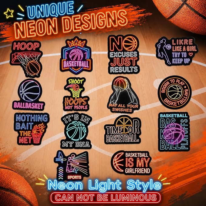 QTL Neon Basketball Stickers for Boys Teens, Basketball Party Supplies, Waterproof Vinyl Stickers for Water Bottles and Laptop, 50PCS