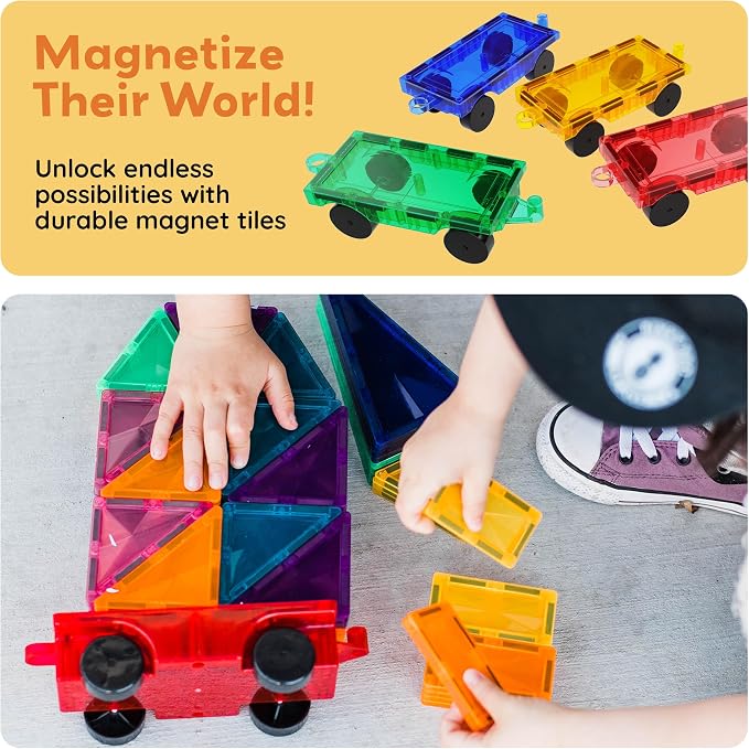 PicassoTiles 4PC Magnetic Tiles Car Truck Base Construction Building Accessory Toy Yellow, Red, Green & Blue Compatible with Magnet Tile Sets Educational STEM Learning Build Kits Boys & Girls PT201